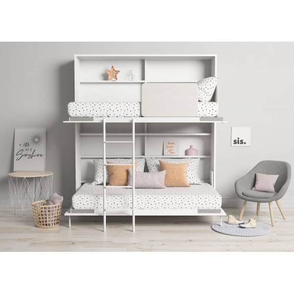 Horizontal folding bunk bed 90x190 with ladder shelf and protector