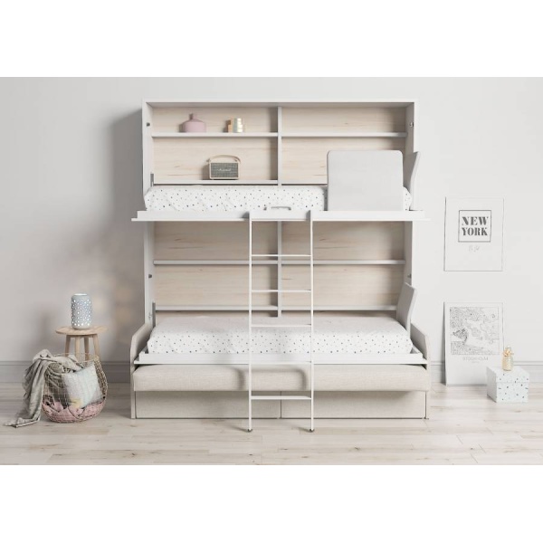 Horizontal folding bunk bed 90 x 190 cm with sofa and two drawers