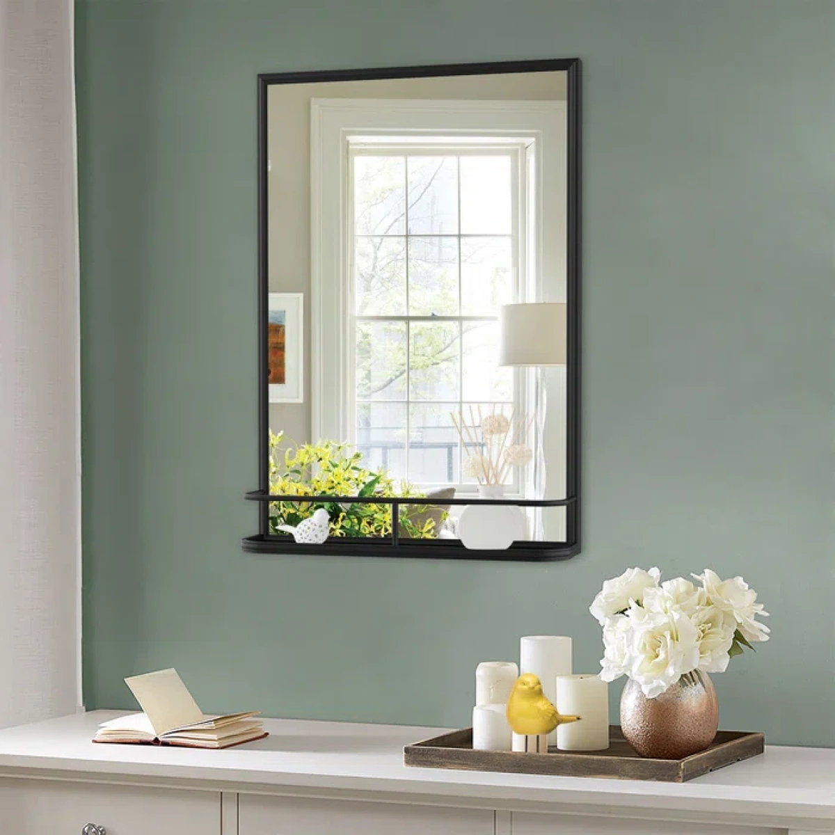Divis Rectangle Metal Wall Mirror with Shelf - Image 1