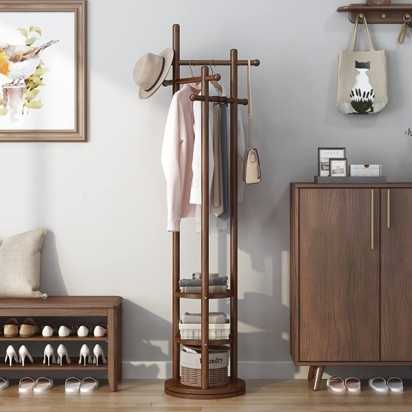 Antique Wooden Rotary Coat Rack Stand with 3 Shelves