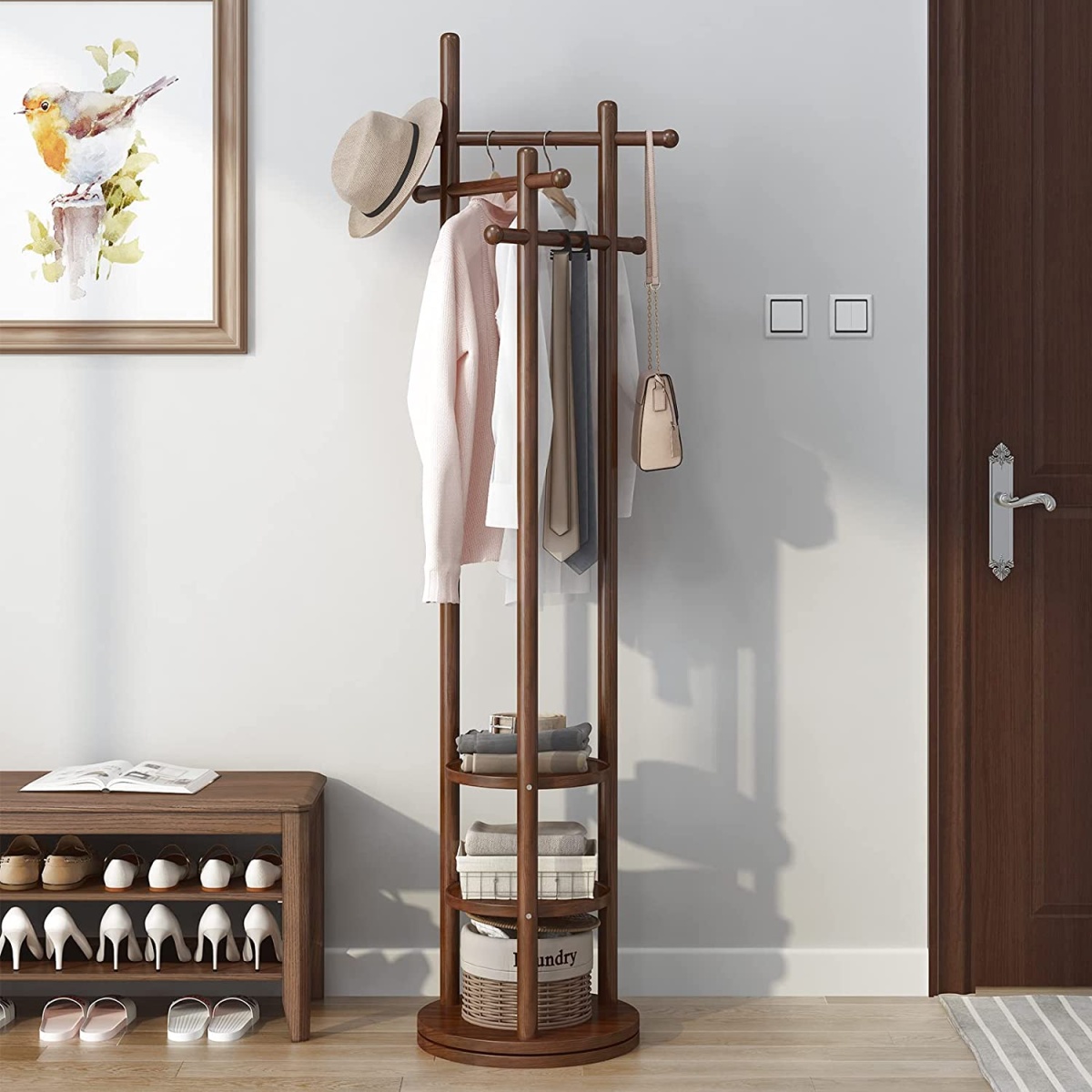 Antique Wooden Rotary Coat Rack Stand with 3 Shelves - Image 2