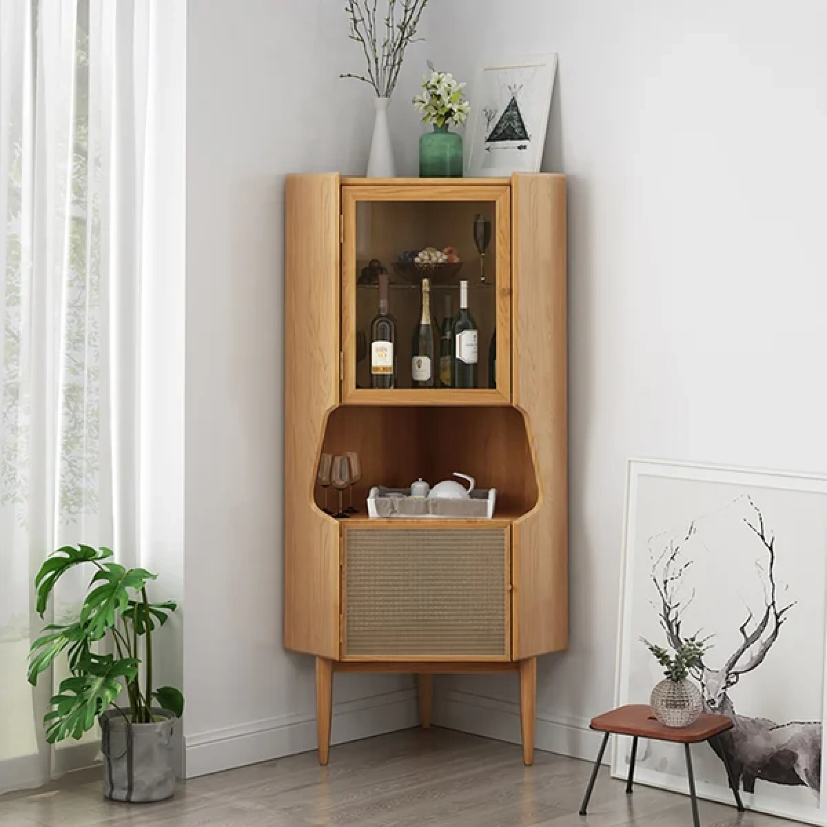 Hutch Natural Corner Cabinet 2-Door with Rattan - Image 1