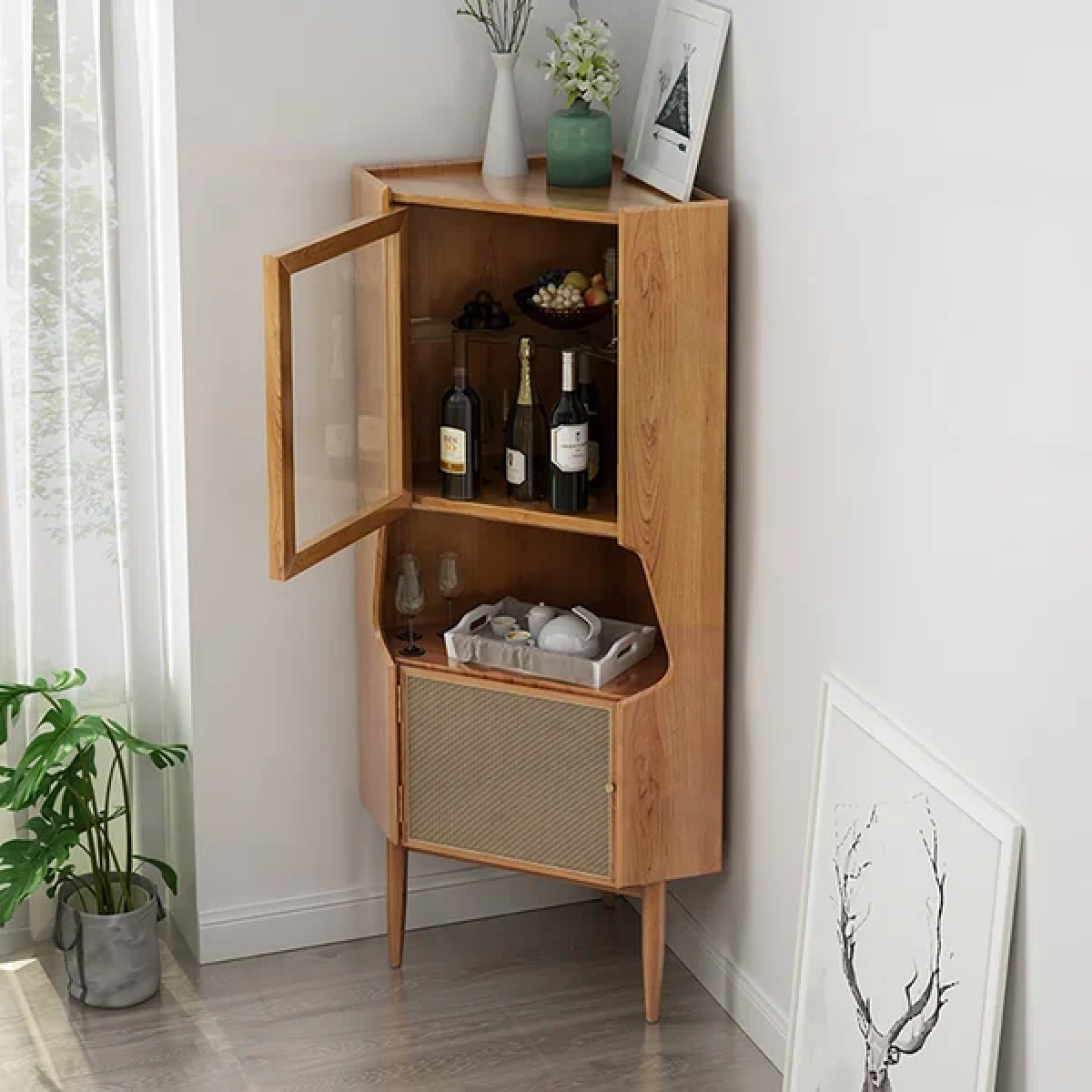 Hutch Natural Corner Cabinet 2-Door with Rattan - Image 2