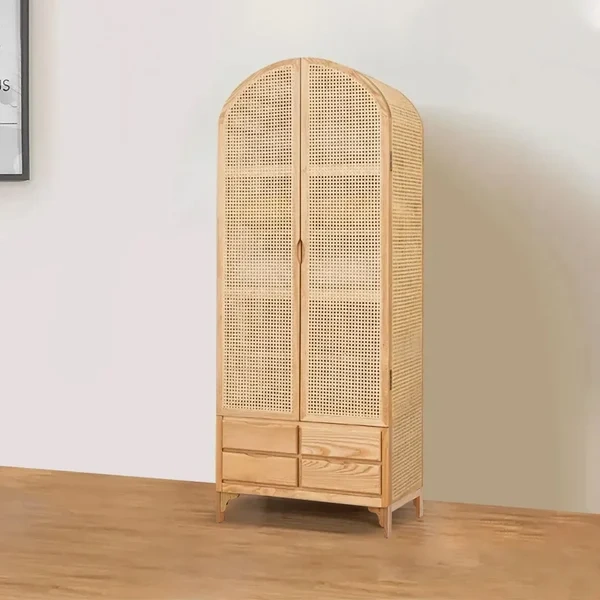 Japandi Woven Rattan Wardrobe with 2 Doors and 4 Drawers