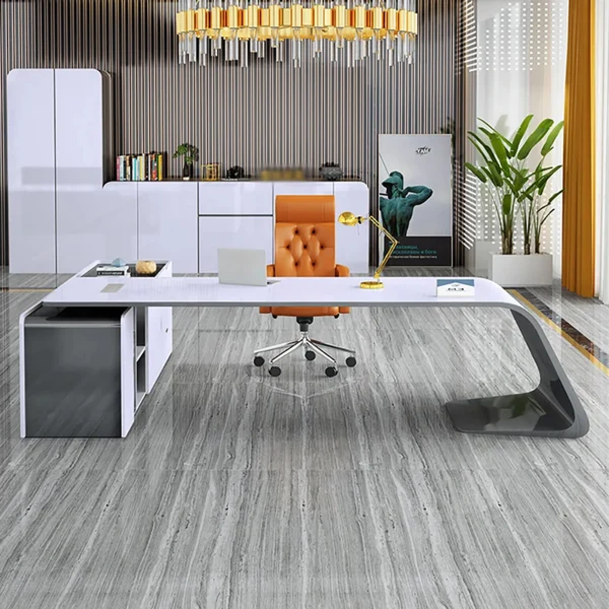 L-Shaped Right Hand Modern White Office Desk with Storage - Image 1