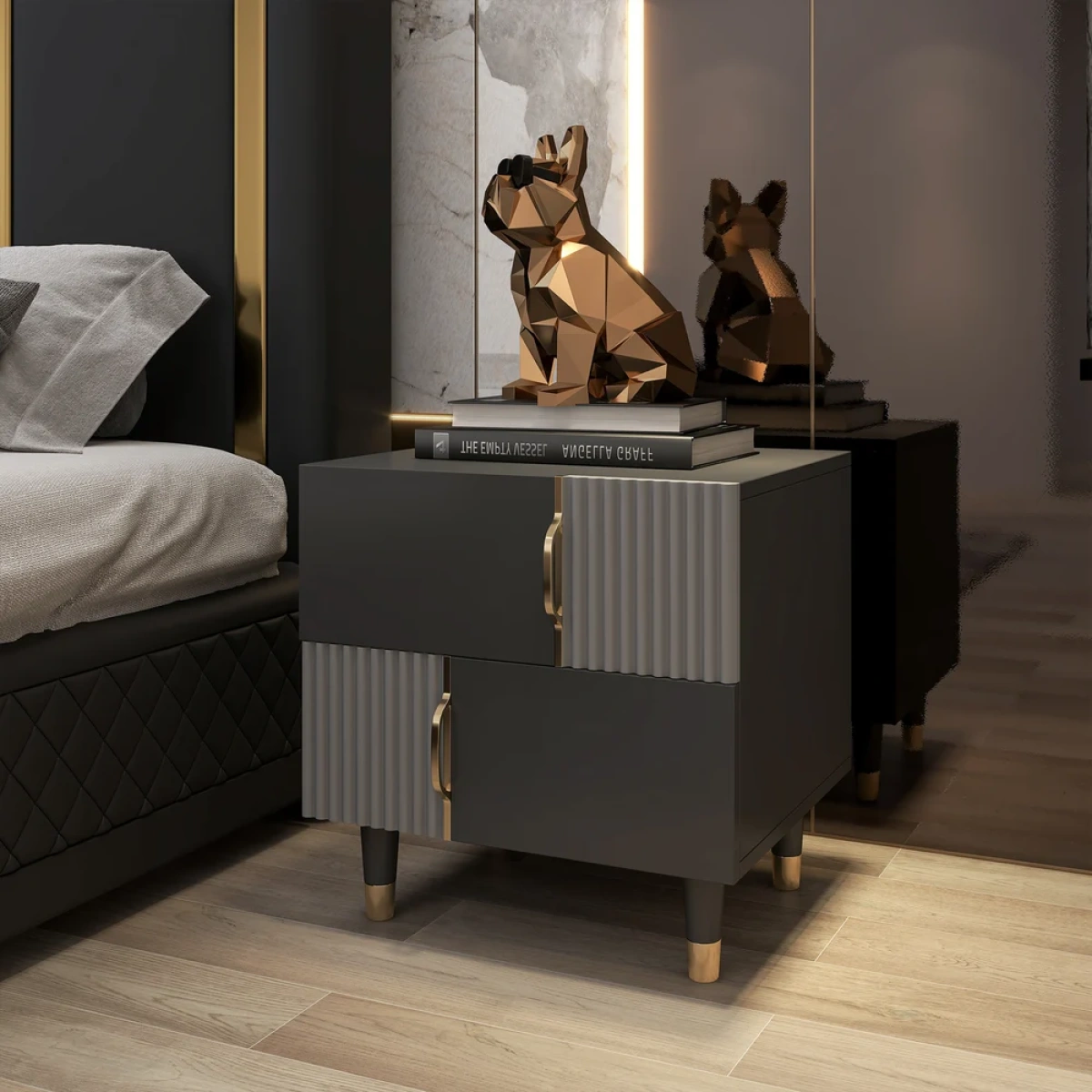 Denize Modern Black & Gray Nightstand - 2 drawers - Image 2
