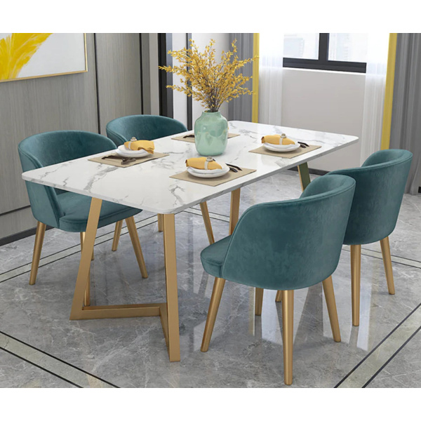 Dining table - 4 metal chairs and a white quartz marble table - LUS-133