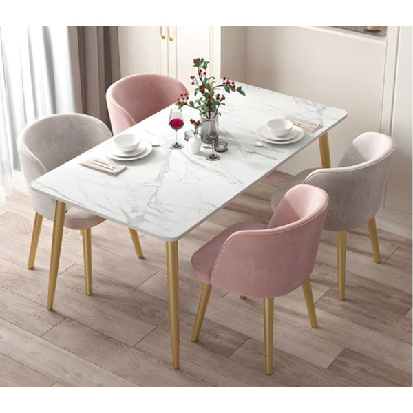 Dining table - 4 metal chairs and a white quartz marble table - LUS-148