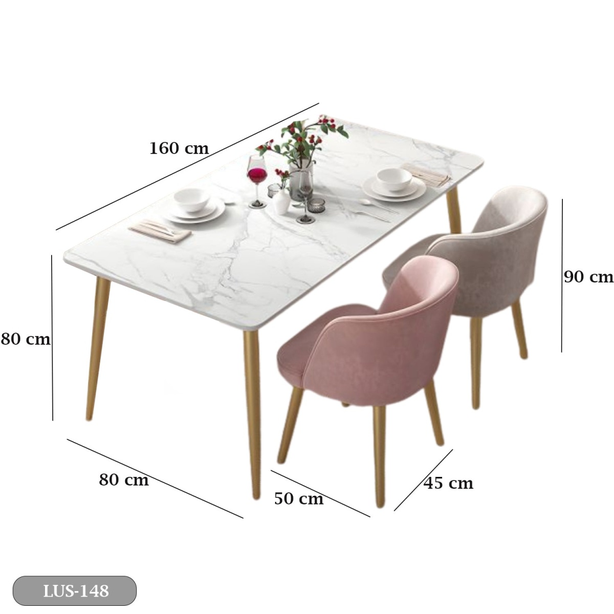 Dining table - 4 metal chairs and a white quartz marble table - LUS-148 - Image 3