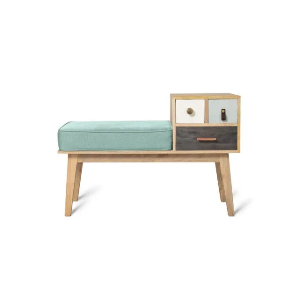Retro Wood Bench Chair with Ratten Backrest
