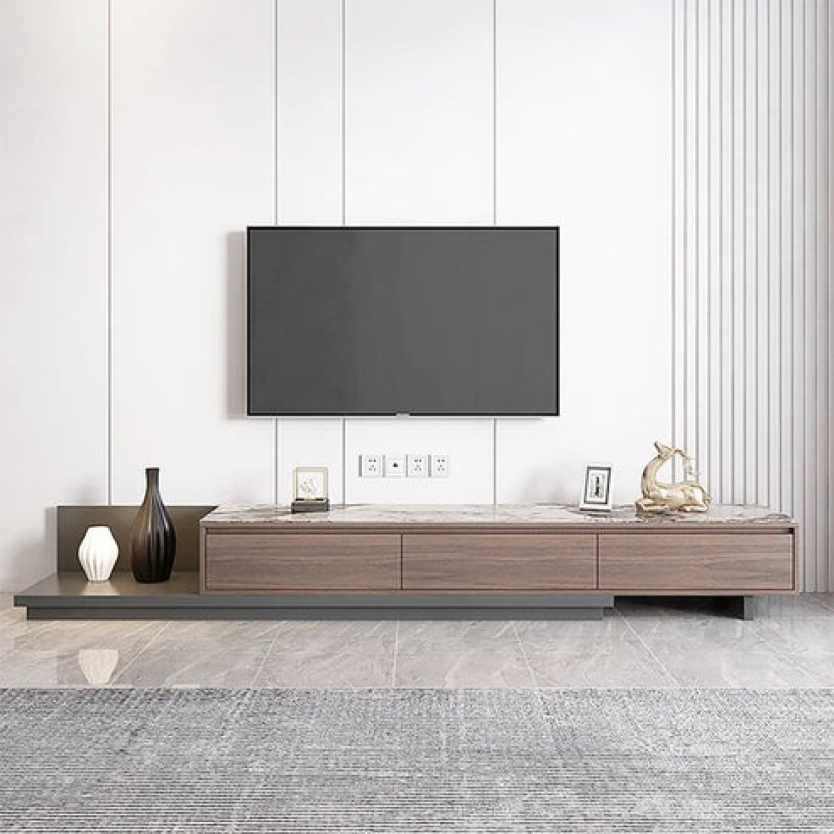 Fero Modern Extendable Stone Top Walnut Wood TV Stand - Image 1