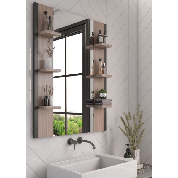 Giulia wood mirror with multi-use storage shelves