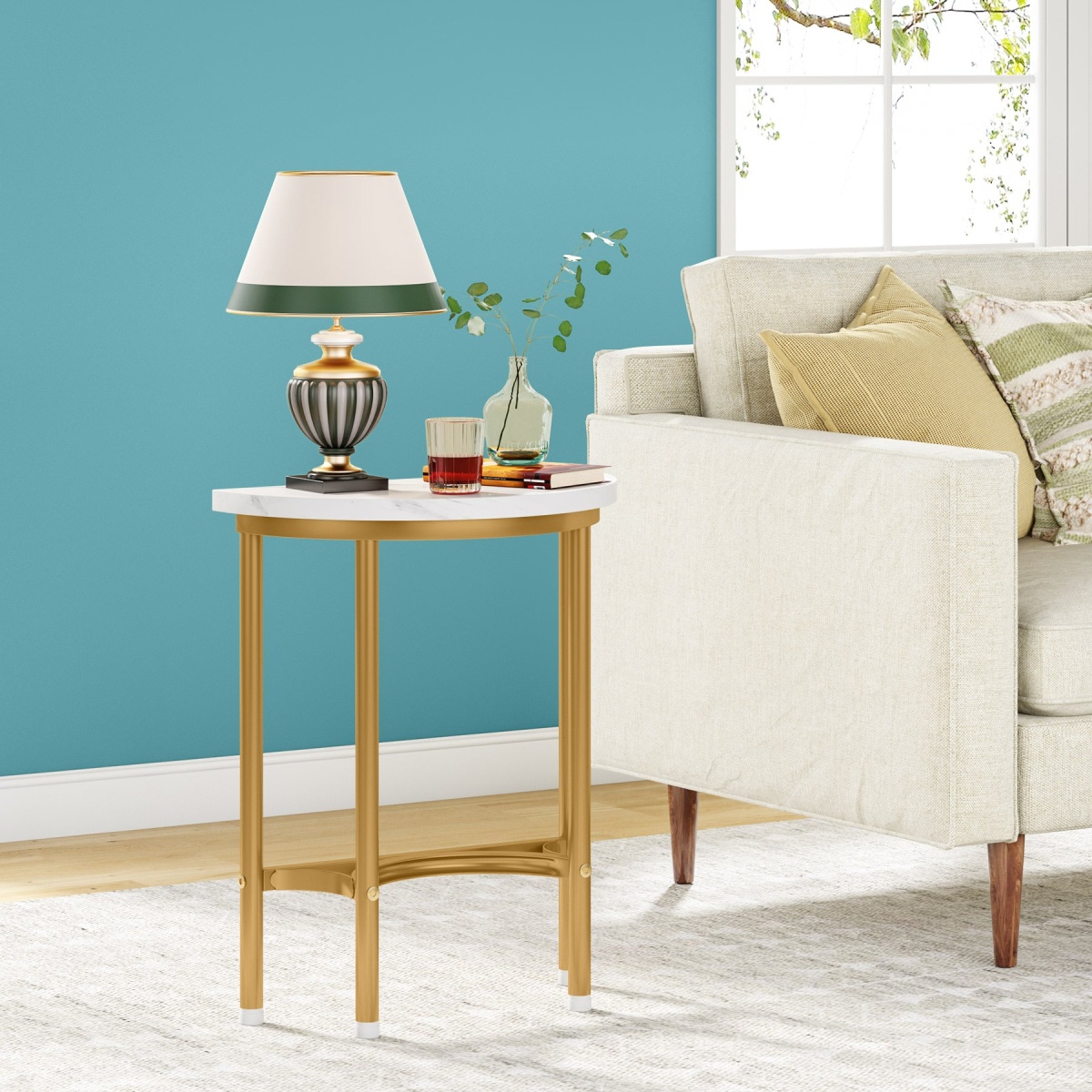 End Table, 20? Half Round Faux Marble Side Table - Image 4
