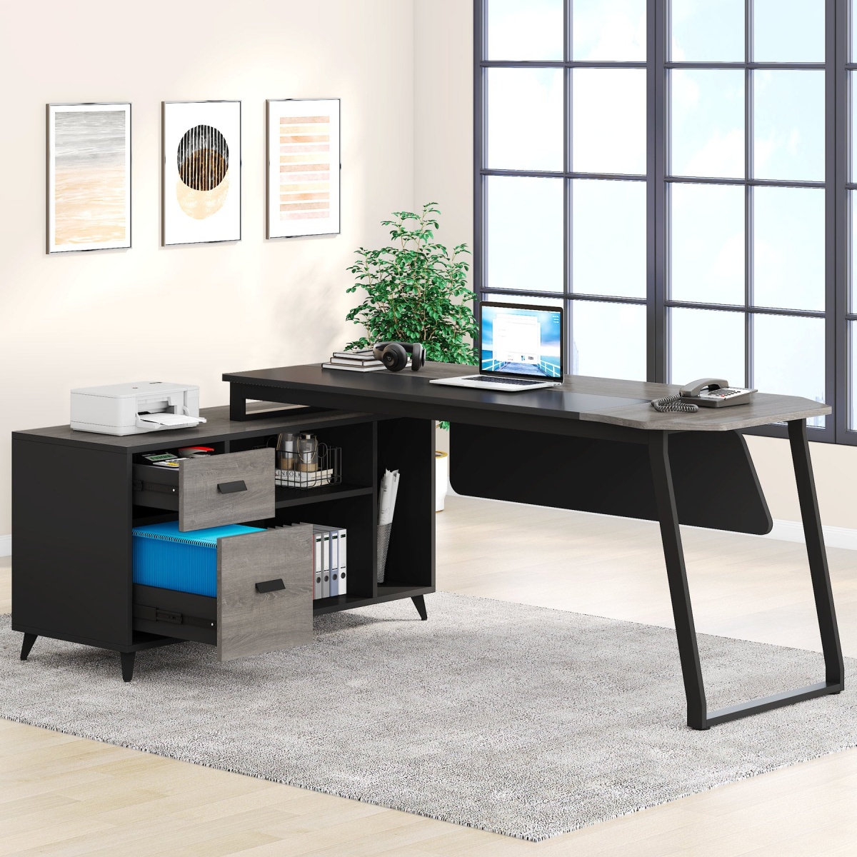L-Shaped Desk, 70.8 Inch Executive Desk with 47.2 Inch File Cabinet - Image 1