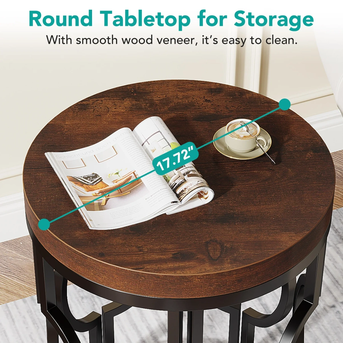 Round End Table, Industrial Side Table with Metal Hollow Frame - Image 7