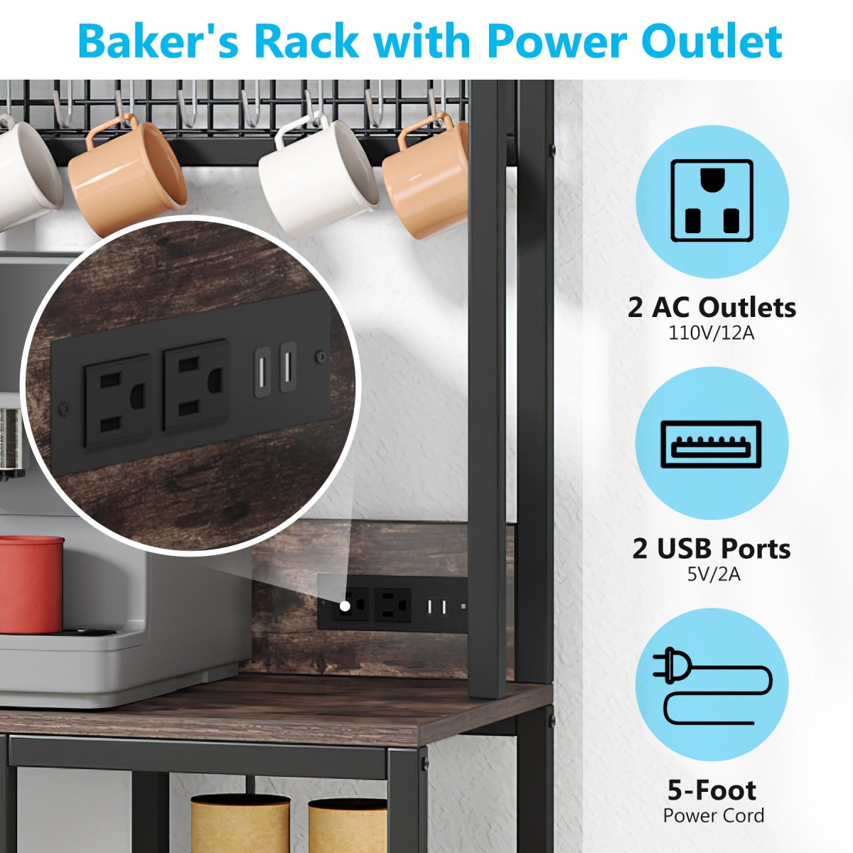 Bakers Rack with Power Outlet, 9-Tier Microwave Stand with Hutch - Image 6