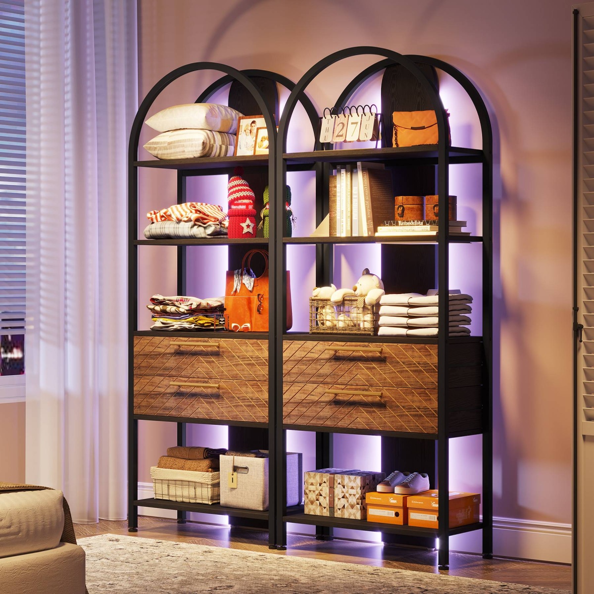 Bookshelf, 4-Tier Industrial Bookcase with 2 Drawers & LED Light - Image 10