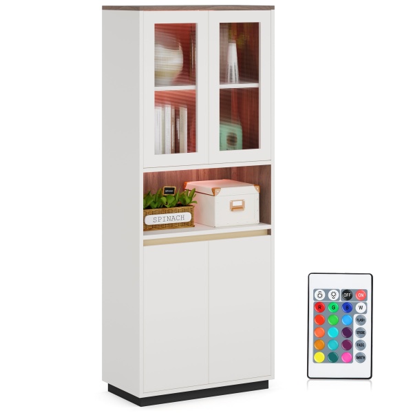 Bookcase, 71? Bookshelf Storage Cabinet with LED Light & Doors