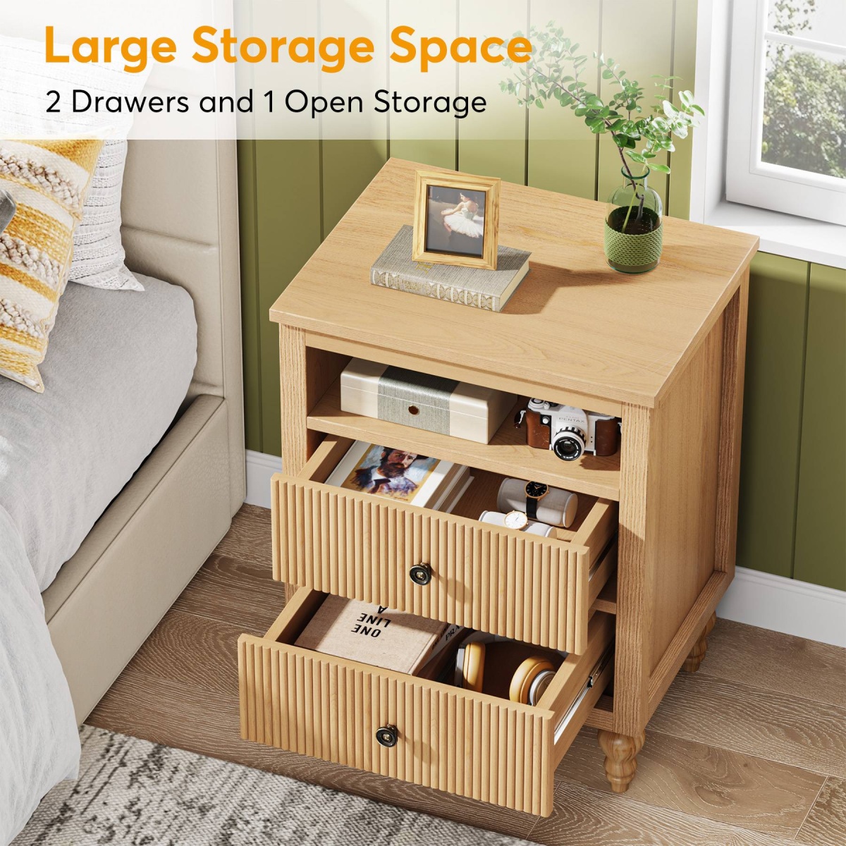 Nightstand, 2 Drawers Sofa Side Table with Open Storage Space - Image 6