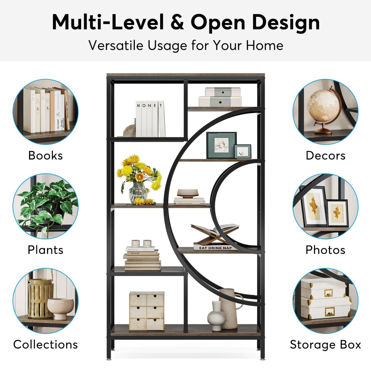 Bookshelf, 71? Geometric Bookcase, Industrial 8-Tiers Etagere Shelving Unit - Image 8