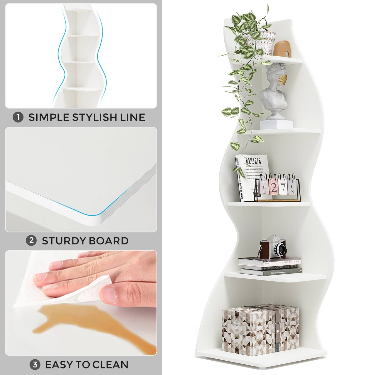 Corner Shelf, Modern 5-Tier Wall Corner Bookshelf Bookcase - Image 7