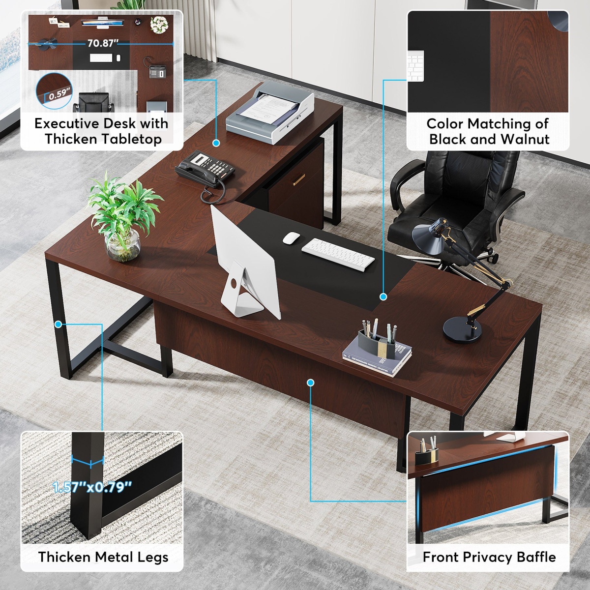 L-Shaped Desk, 70.8?? Executive Desk with Mobile File Cabinet - Image 8