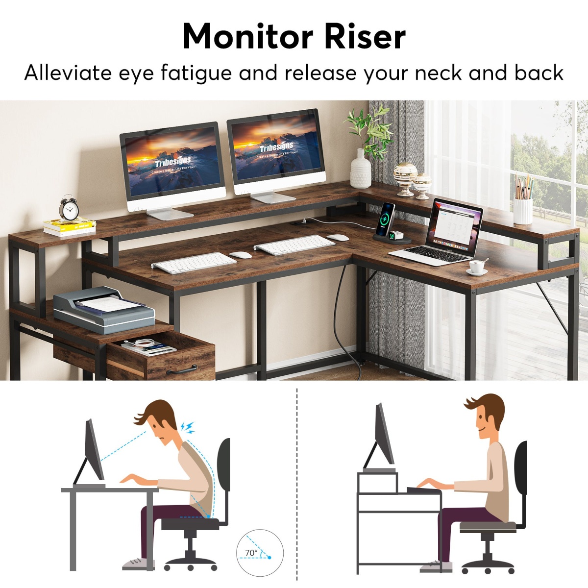 L-Shaped Desk, Corner Desk with Power Outlets, Monitor Stand & Drawer - Image 6