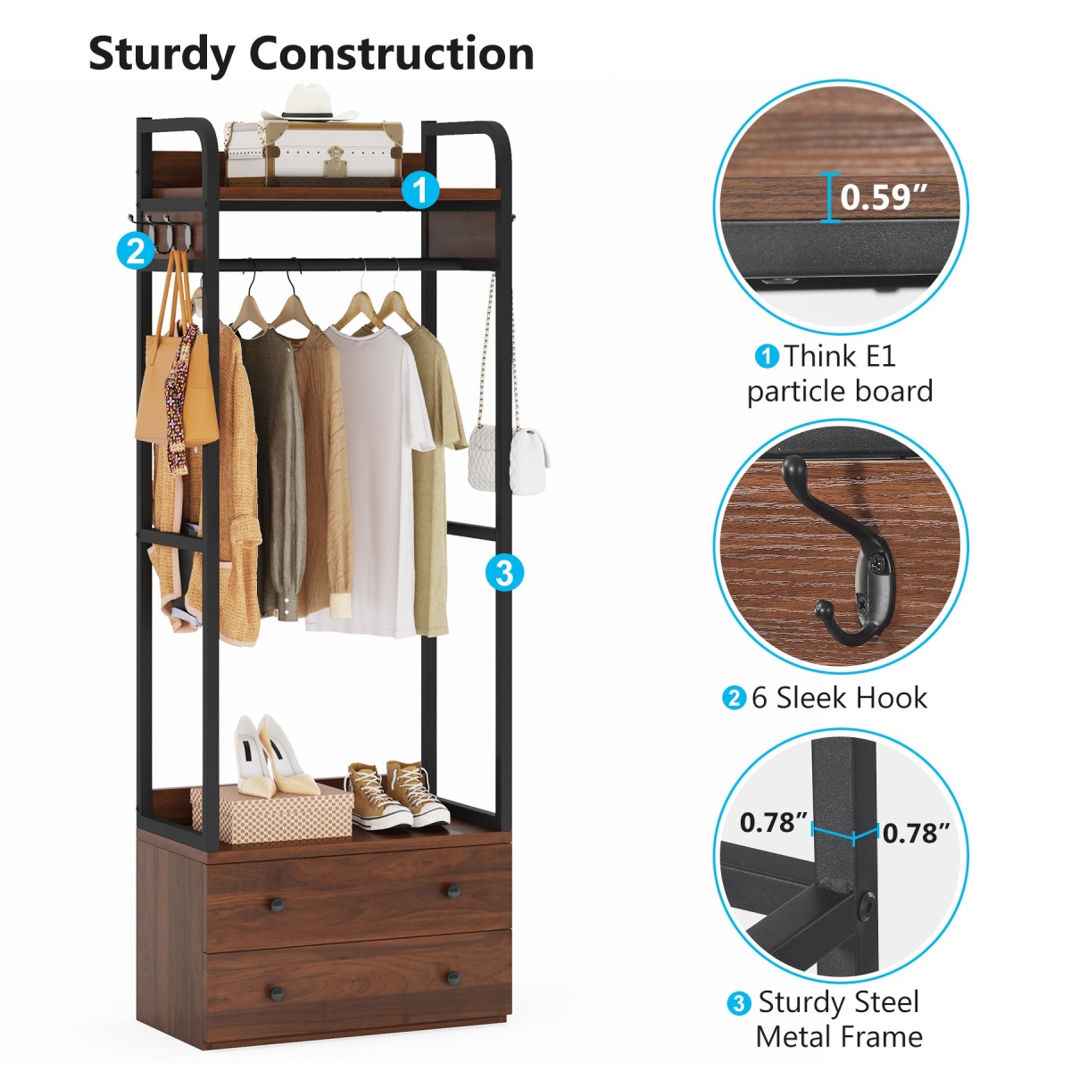 Freestanding Closet Organizer, Coat Rack with Drawers and Shelves - Image 6