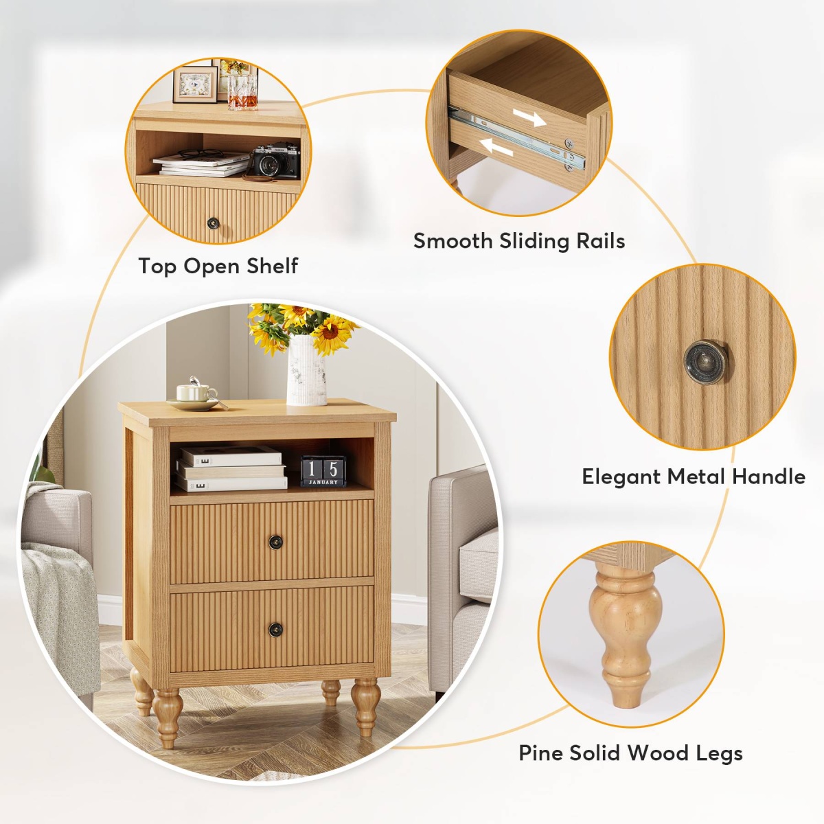 Nightstand, 2 Drawers Sofa Side Table with Open Storage Space - Image 7