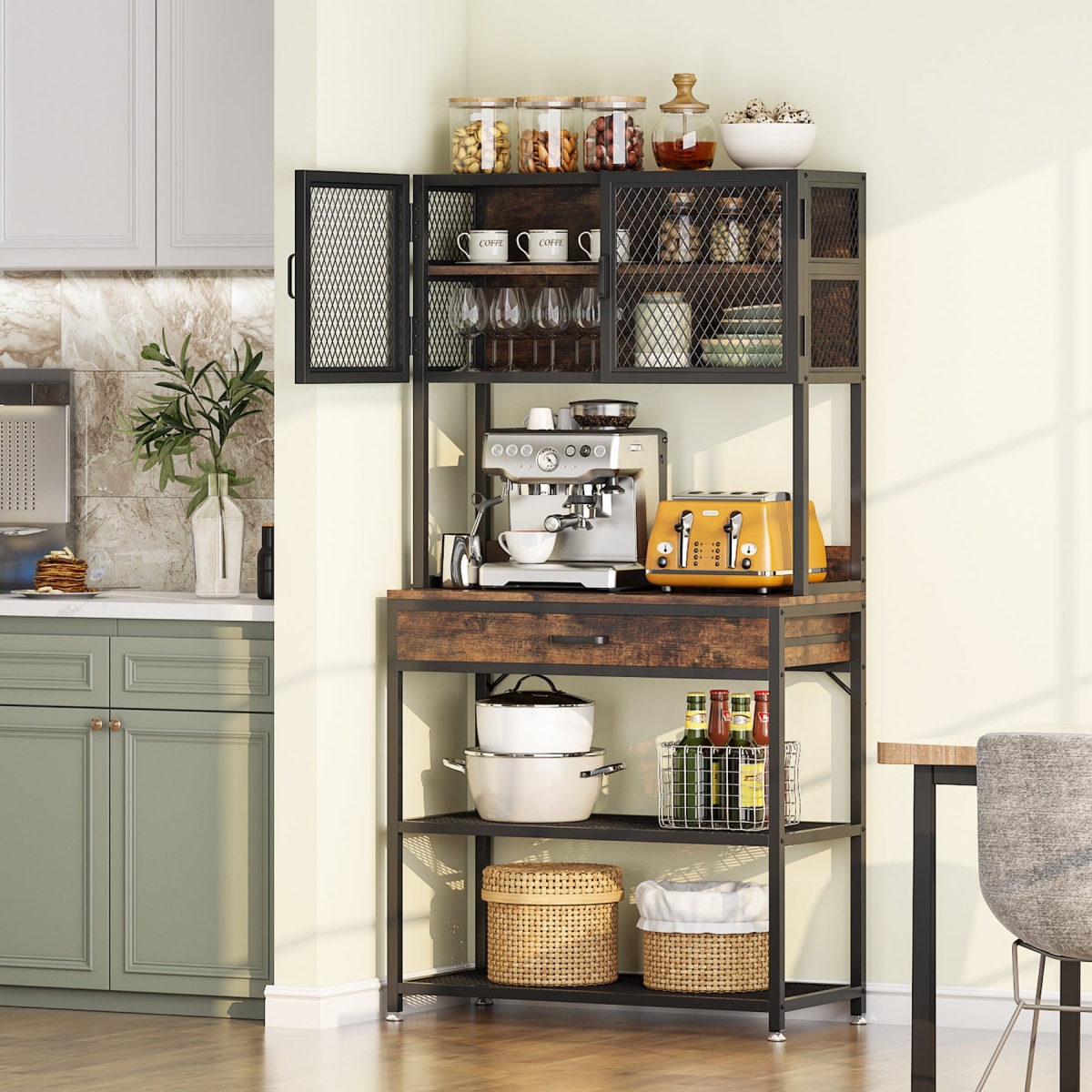Kitchen Baker?s Rack, Microwave Oven Stand with Hutch and Drawer - Image 2