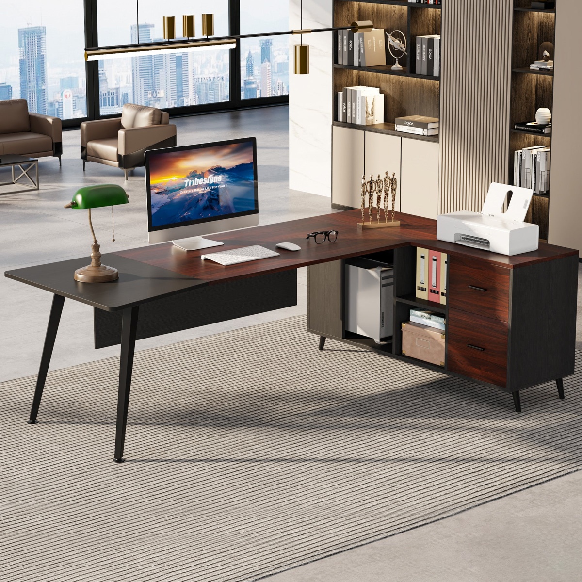 Executive Desk, 87? L-Shaped Computer Desk with 51? File Cabinet - Image 4