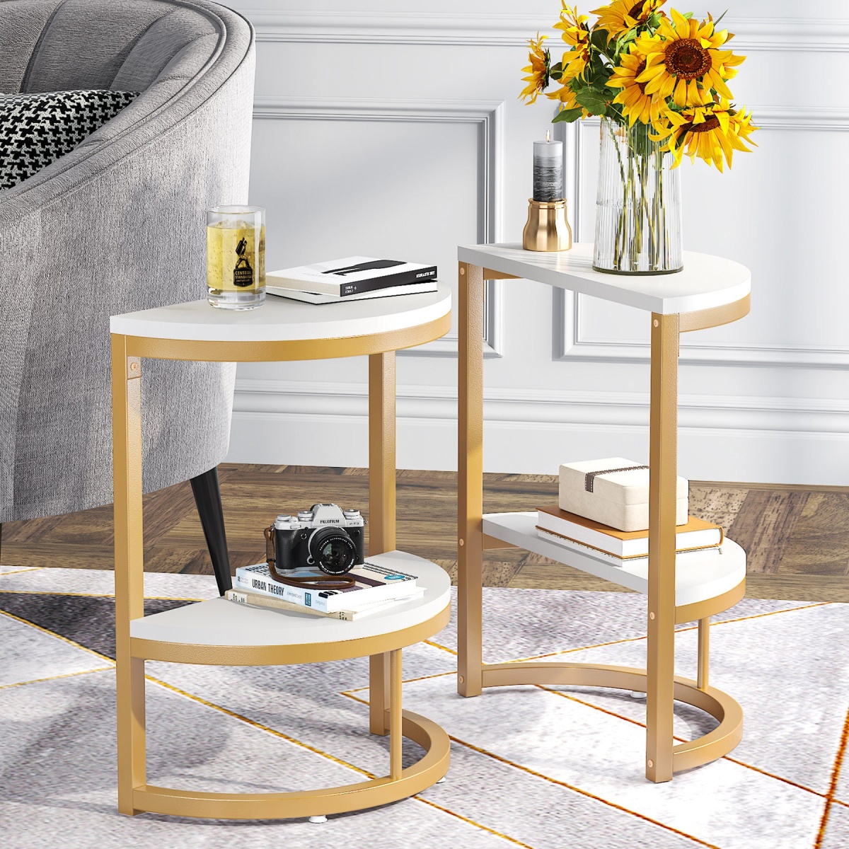 End Table, Half Round Narrow Side Table with Metal Frame - Image 16