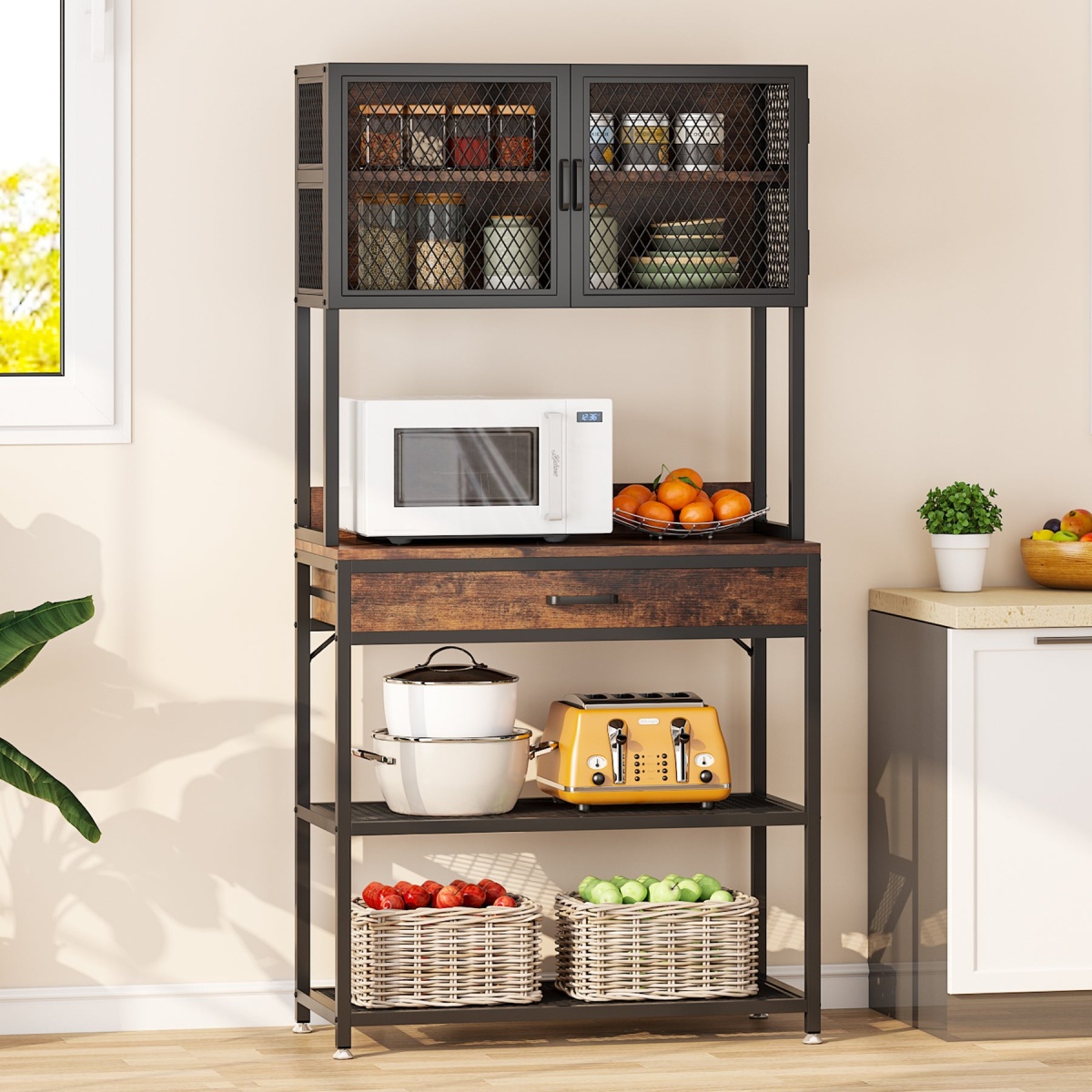 Kitchen Baker?s Rack, Microwave Oven Stand with Hutch and Drawer - Image 4