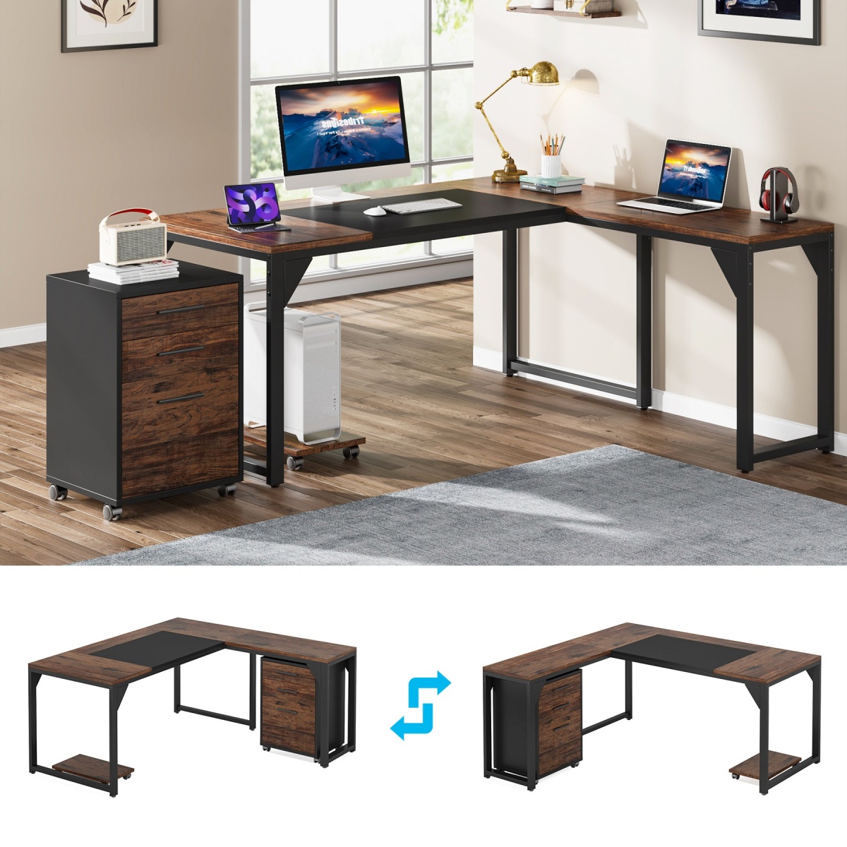 L-Shaped Desk, 63? Executive Computer Desk with Mobile File Cabinet - Image 7
