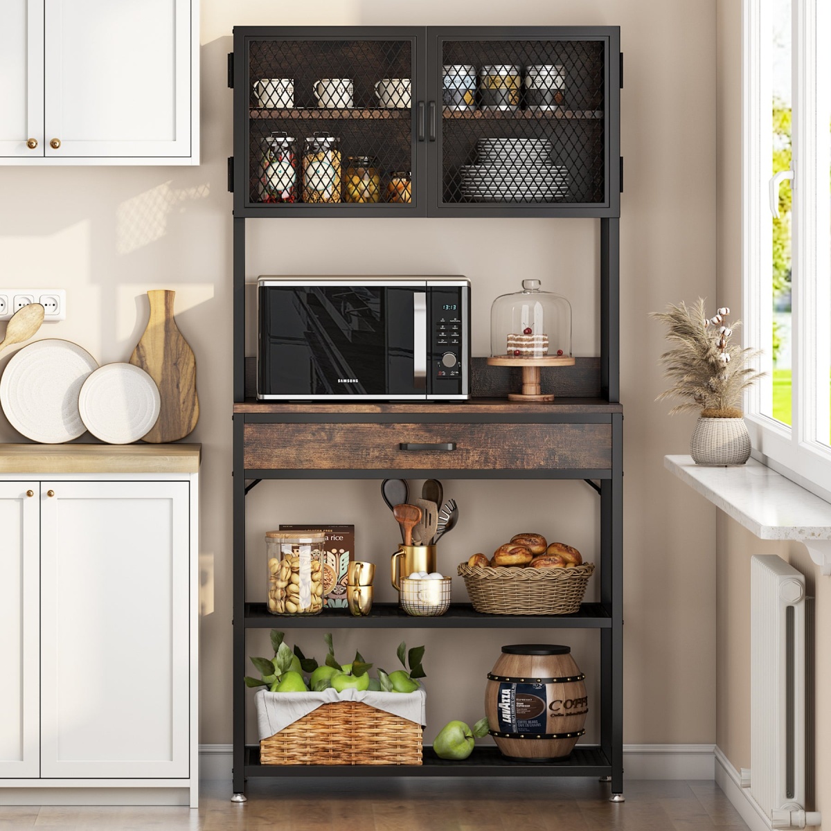 Kitchen Baker?s Rack, Microwave Oven Stand with Hutch and Drawer - Image 5