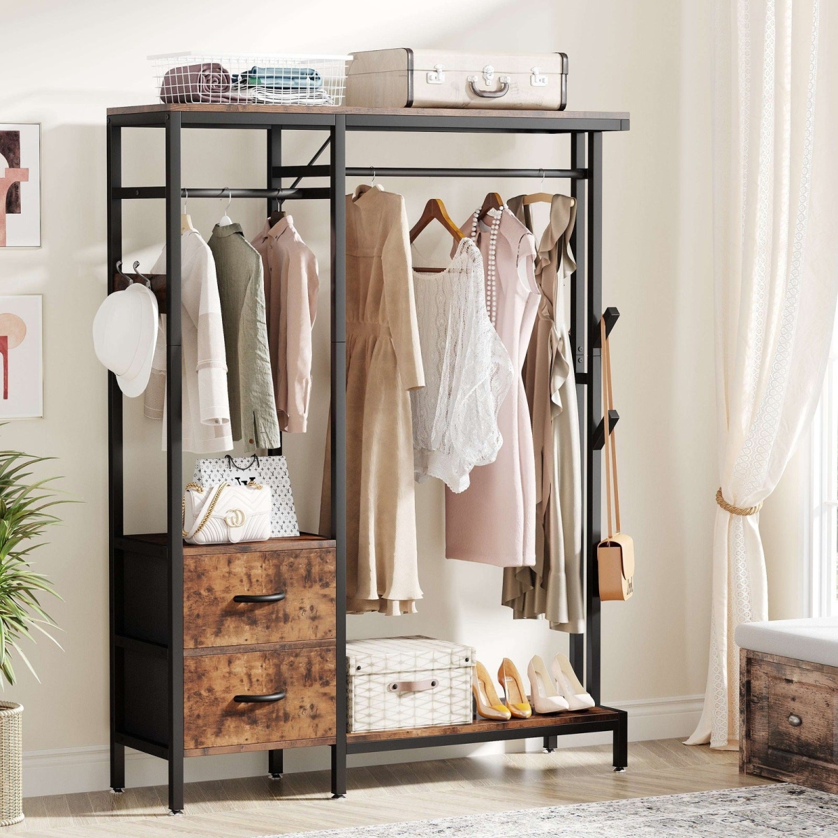 Freestanding Closet Organizer, Clothes Rack with Drawers and Shelves - Image 1