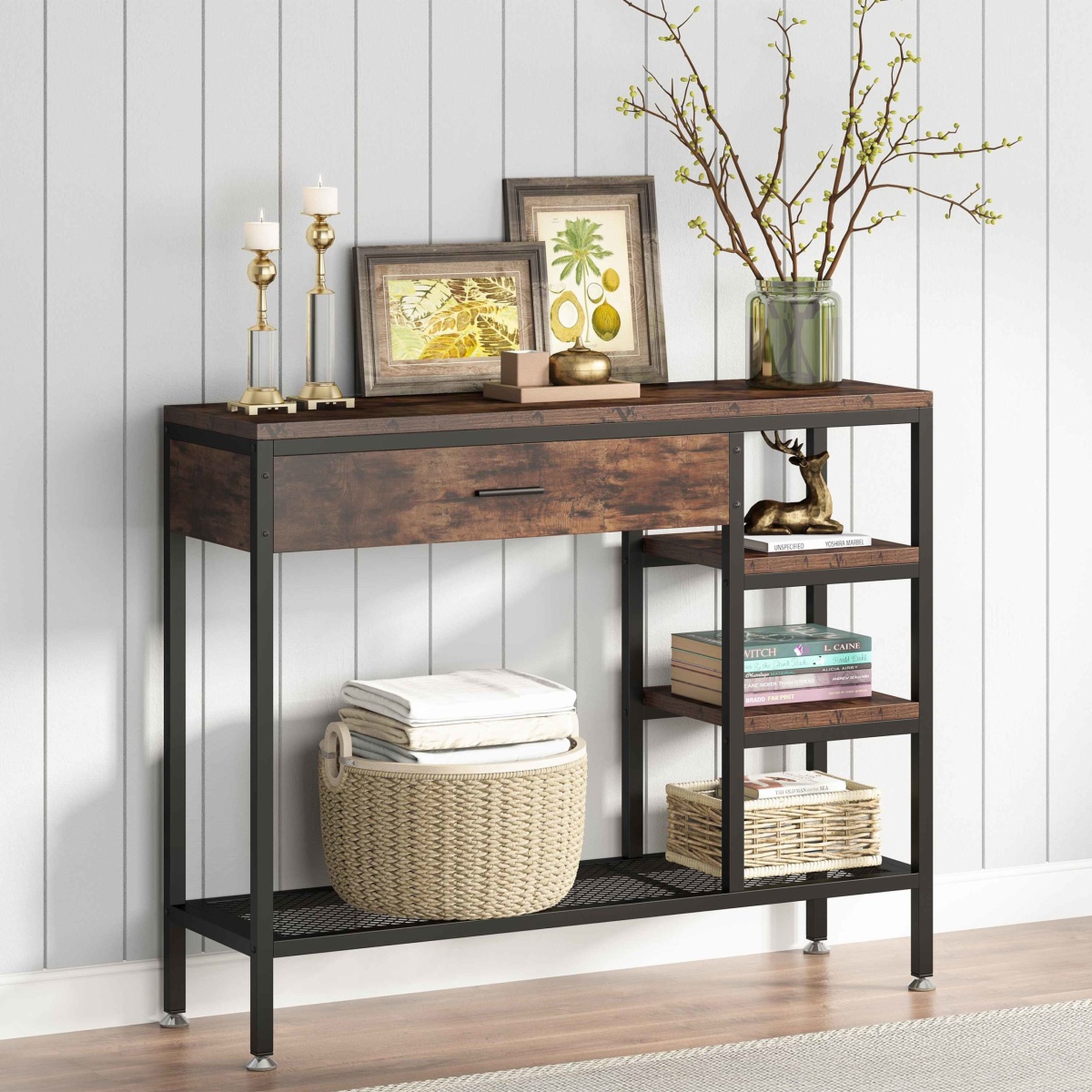 Sofa Console Table with Drawers, Rustic Industrial Entry Table - Image 1