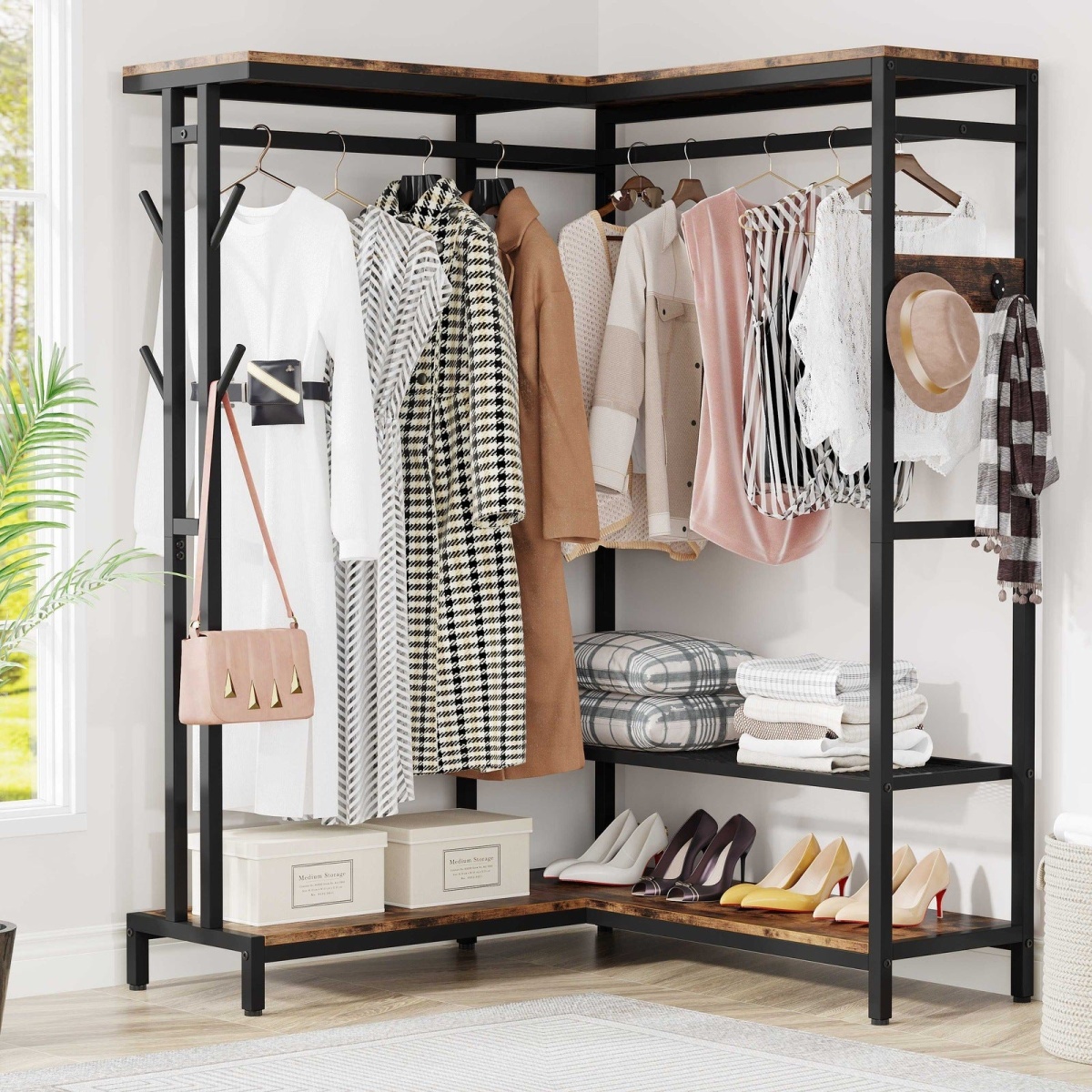 Freestanding Closet Organizer, Corner L Shape Clothes Rack - Image 1