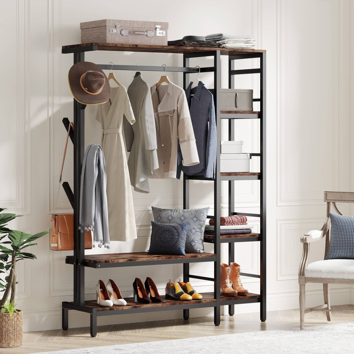 Freestanding Closet Organizer, Garment Rack with 4-Tier Shelves - Image 1