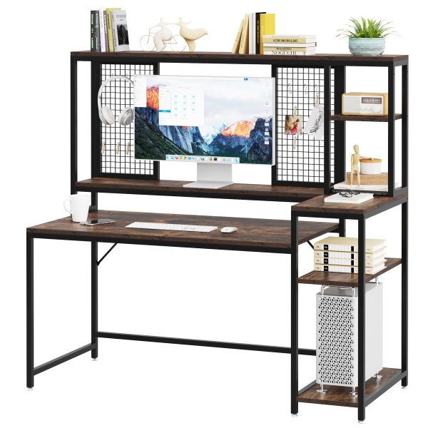 Computer Desk, 59? Gaming Desk with Monitor Stand & Storage Shelves