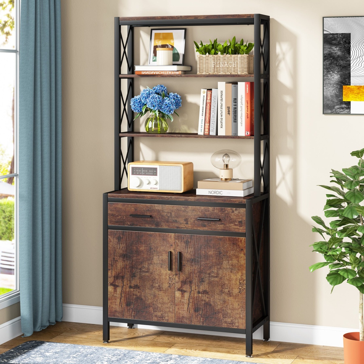 Bookshelf, 4-Tier Etagere Bookcase with Drawer & Cabinet - Image 1