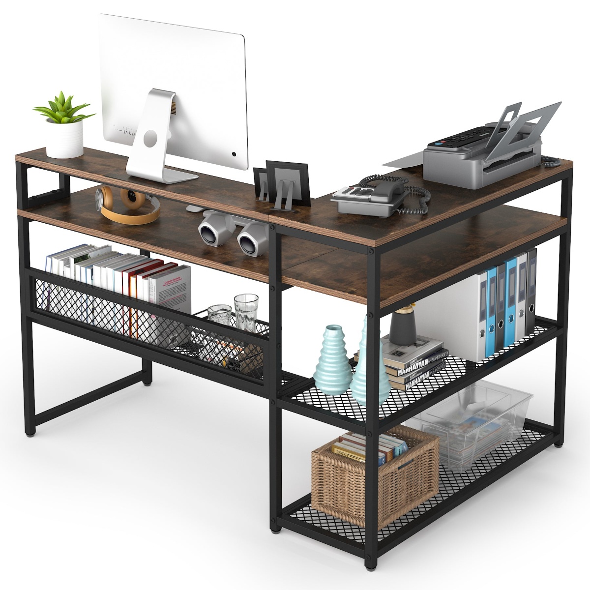 L-Shaped Computer Desk with Open Shelves & Monitor Stand - Image 1