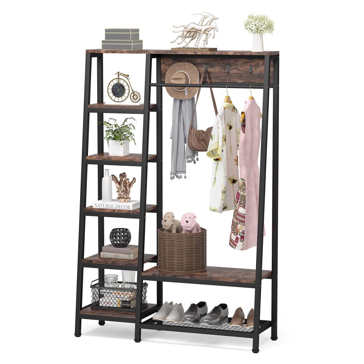 Freestanding Closet Organizer, 5-Tier Shelves Coat Garment Rack - Image 1