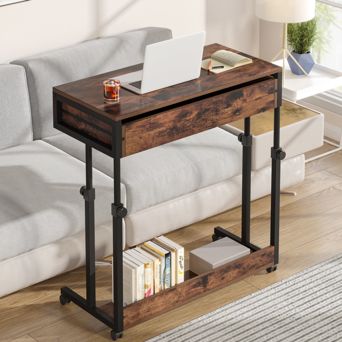 Height Adjustable Desk, Mobile Side Table Portable Desk with Drawers - Image 2