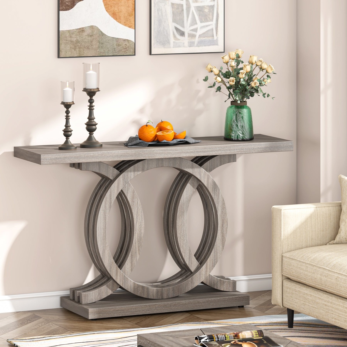 Console Table, 55? Farmhouse Hallway Sofa Table With Geometric Base - Image 4
