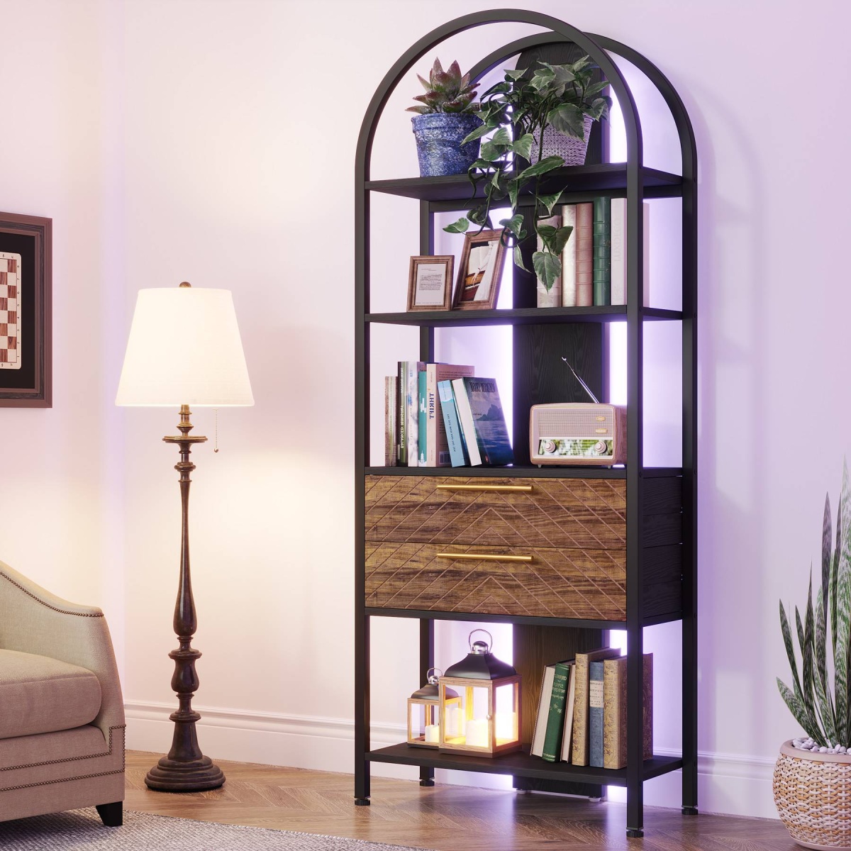 Bookshelf, 4-Tier Industrial Bookcase with 2 Drawers & LED Light - Image 1