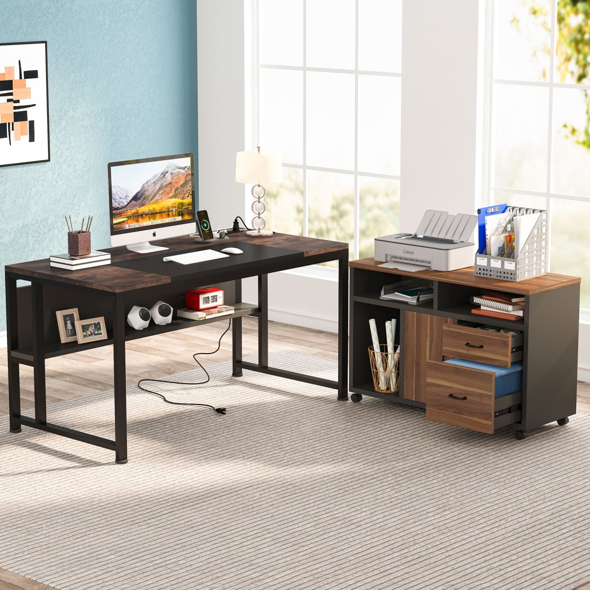L-Shaped Desk, 55? Executive Computer Desk with File Cabinet & Power Outlet - Image 2