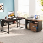 L-Shaped Desk, 55? Executive Computer Desk with File Cabinet & Power Outlet - Image 2