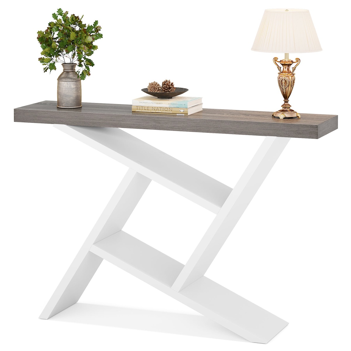 Console Table, 42? Farmhouse Entryway Table with Geometric Wood Base - Image 1