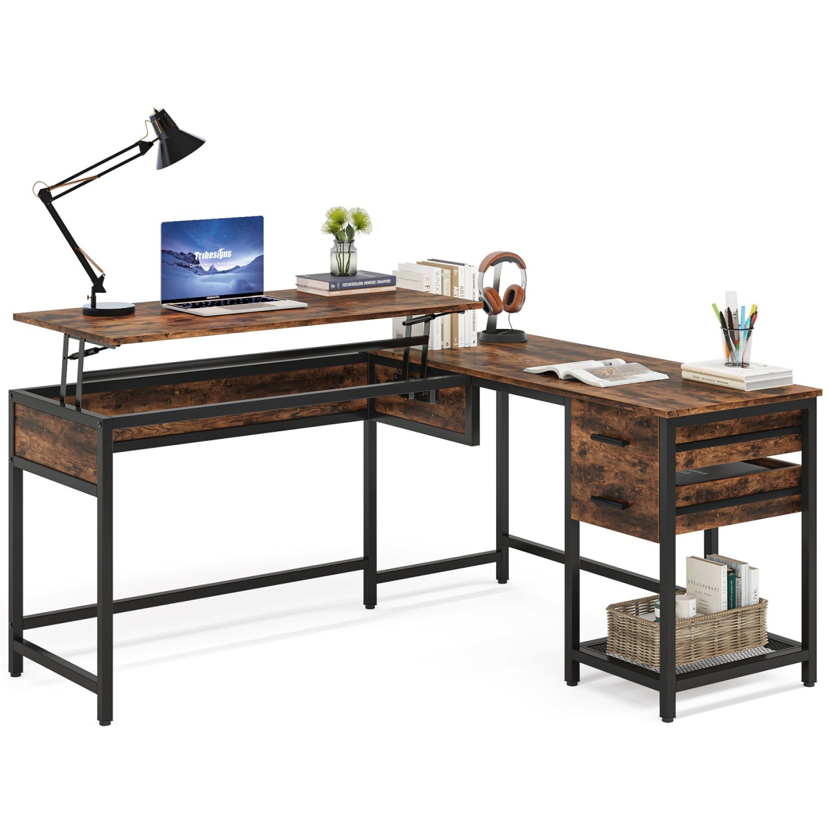Lift Top L-Shaped Desk, Computer Corner Desks with Drawers - Image 1